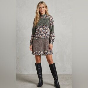 Zara Green and Navy Mixed Floral Patchwork Long-Sleeve Dress